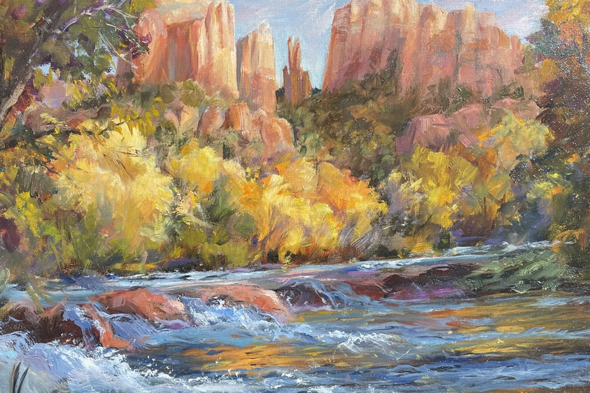 Painting by Betty Carr of waterfall, autumn colors, and Sedona landscape