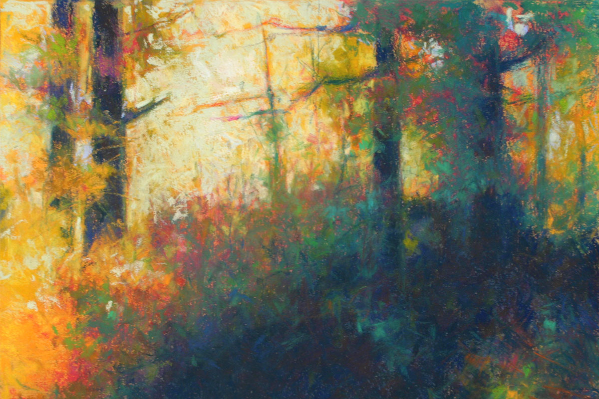 Pastel painting by Doug Dawson of forest with bright light coming through