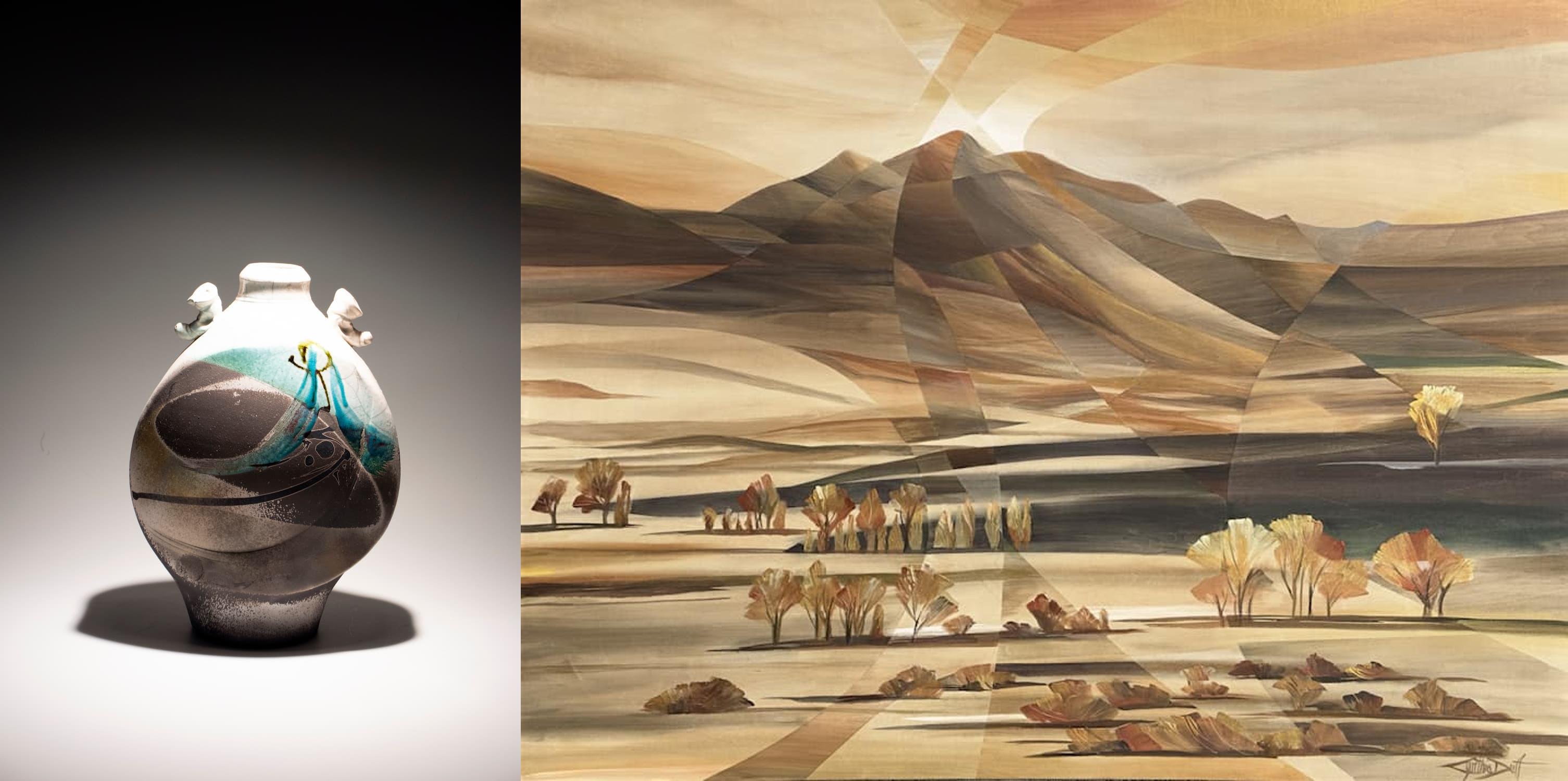 "Raku Vessel" by Terry Shepherd and a painting by Cynthia Duff