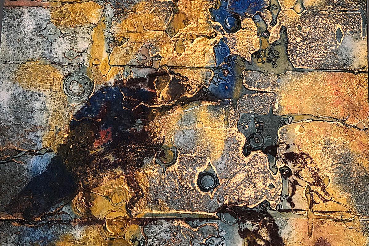 Black Raven with textured gold and blue background