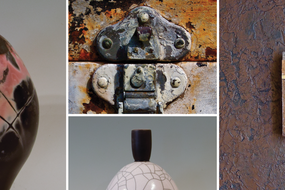 Collage of Terry Shepherd ceramic vessels and John Anglim Found Object artwork