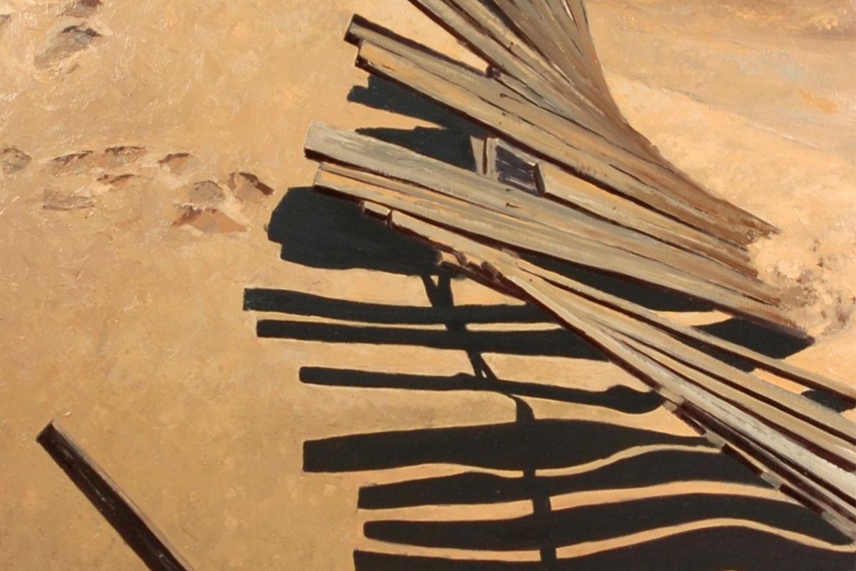 Falling wooden fence with hard shadows on sand - painting by Alfred Nestler