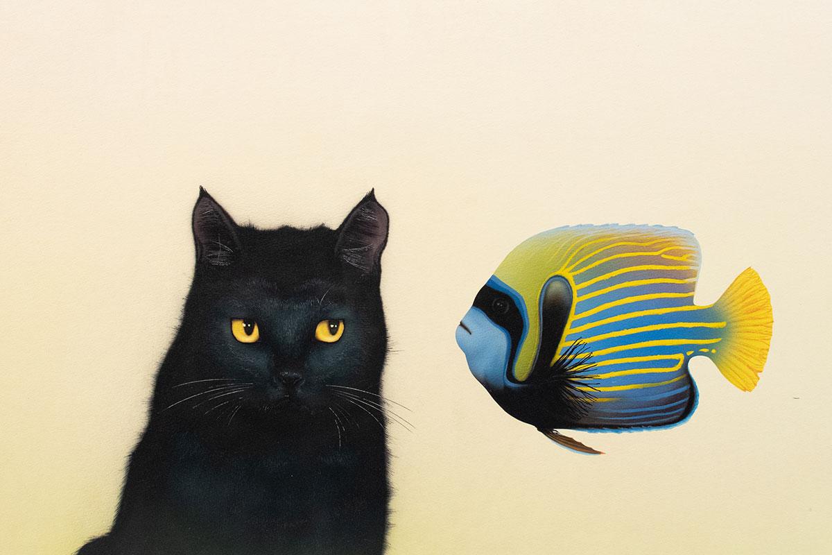 Airbrush painting of black cat and colored fish
