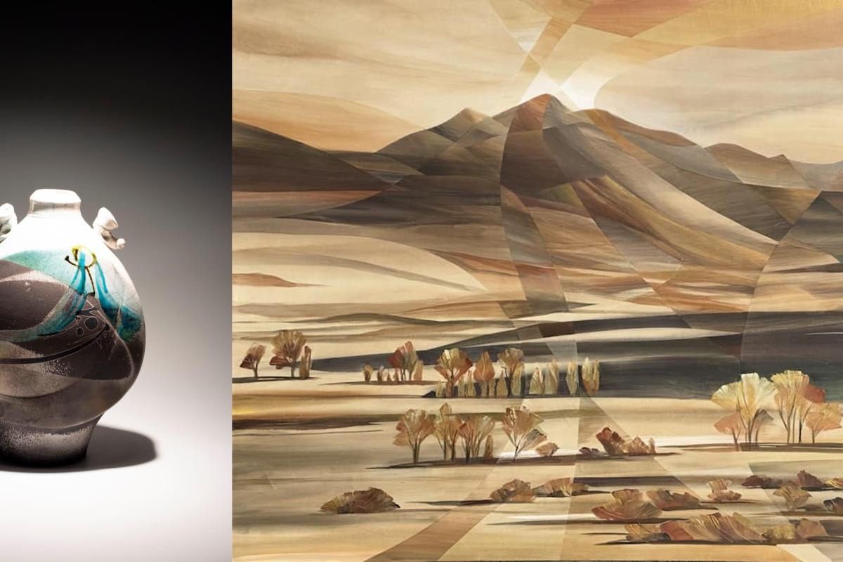 "Raku Vessel" by Terry Shepherd and a painting by Cynthia Duff