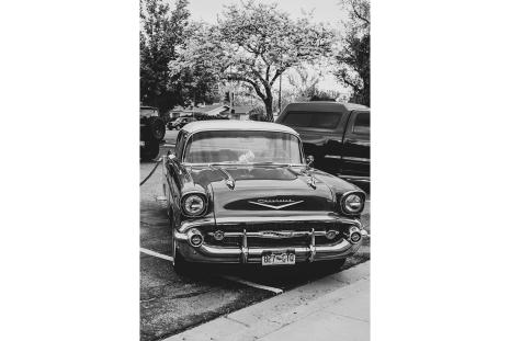 Black and white photo of 1957 Chevy
